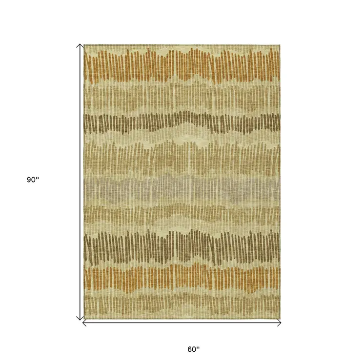 5' X 8' Gold Brown And Gray Striped Washable Indoor Outdoor Area Rug