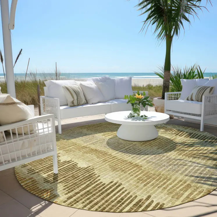 8' Gold Brown And Gray Round Striped Washable Indoor Outdoor Area Rug