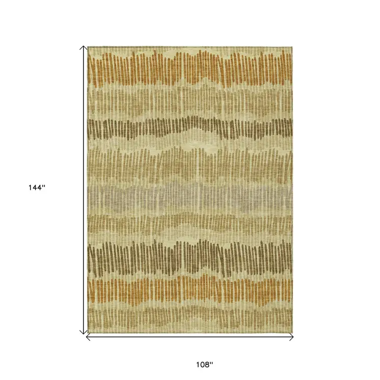 9' X 12' Gold Brown And Gray Striped Washable Indoor Outdoor Area Rug