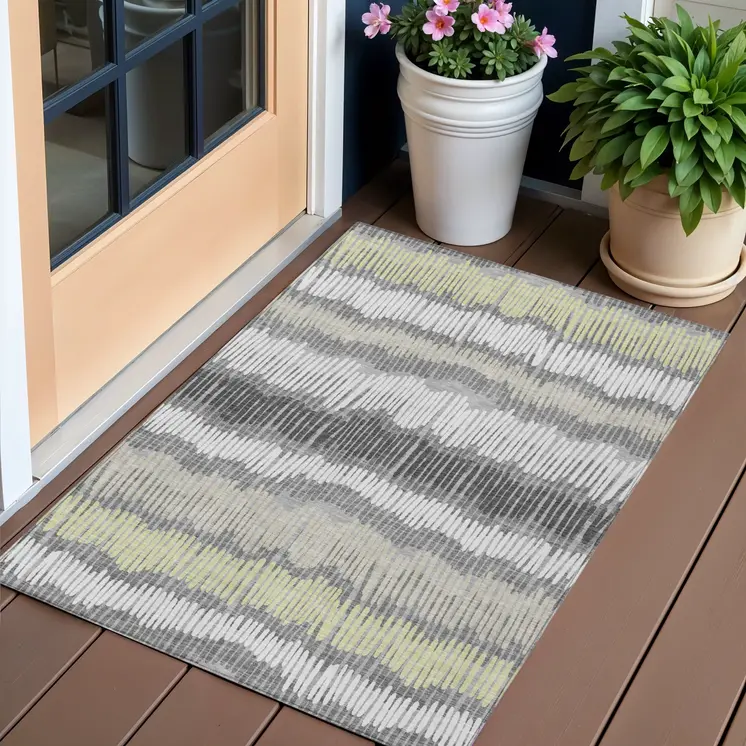 3' X 5' Gray Light Green And Ivory Striped Washable Indoor Outdoor Area Rug