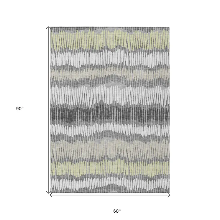 5' X 8' Gray Light Green And Ivory Striped Washable Indoor Outdoor Area Rug