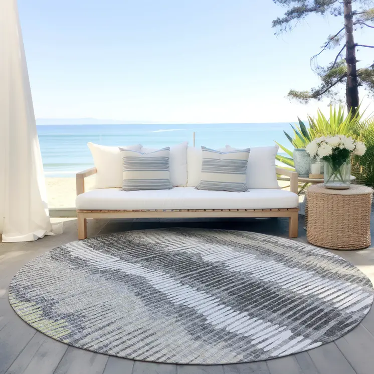 8' Gray Light Green And Ivory Round Striped Washable Indoor Outdoor Area Rug