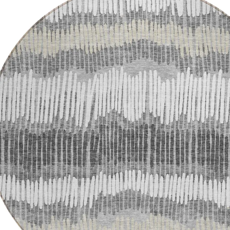 8' Gray Light Green And Ivory Round Striped Washable Indoor Outdoor Area Rug