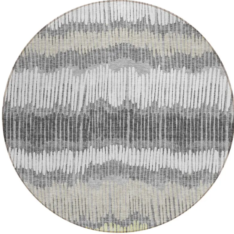 8' Gray Light Green And Ivory Round Striped Washable Indoor Outdoor Area Rug