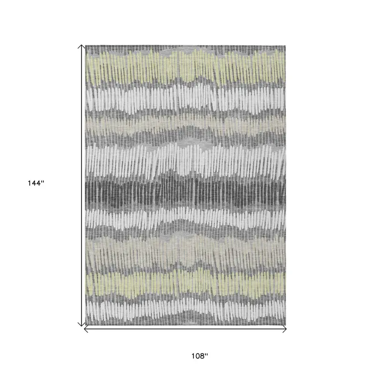 9' X 12' Gray Light Green And Ivory Striped Washable Indoor Outdoor Area Rug