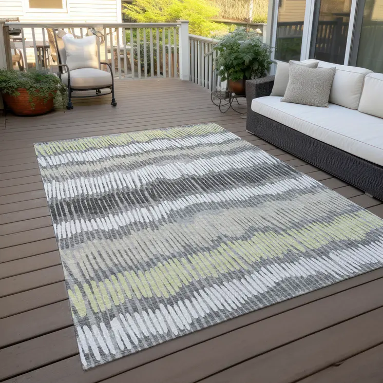 9' X 12' Gray Light Green And Ivory Striped Washable Indoor Outdoor Area Rug