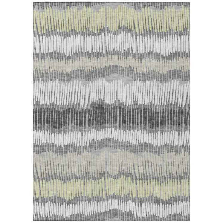 9' X 12' Gray Light Green And Ivory Striped Washable Indoor Outdoor Area Rug