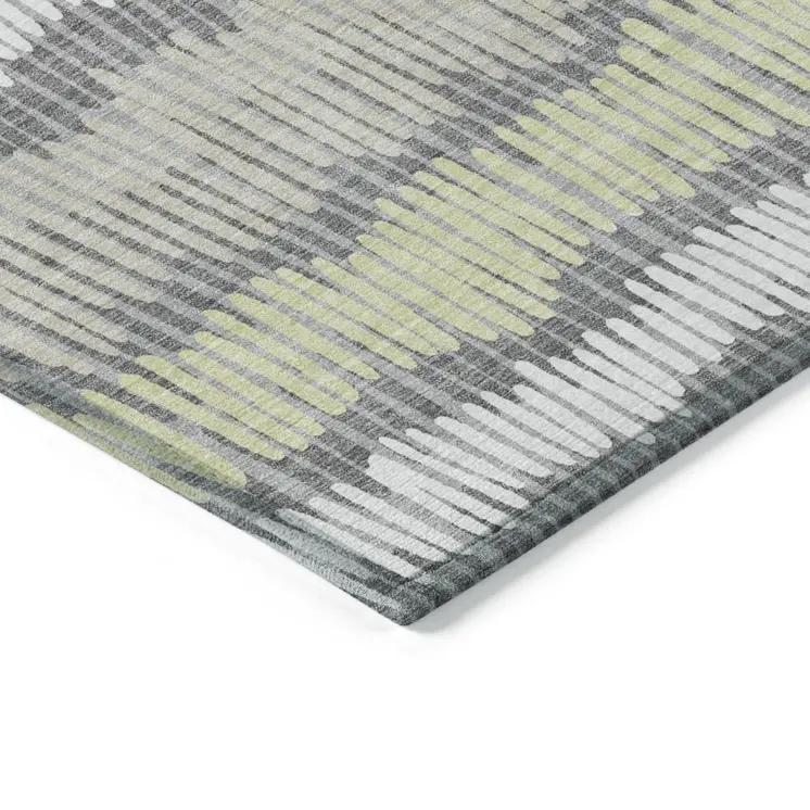 9' X 12' Gray Light Green And Ivory Striped Washable Indoor Outdoor Area Rug