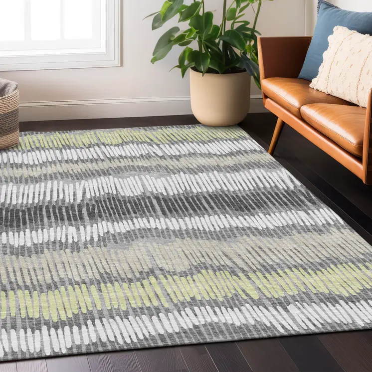 9' X 12' Gray Light Green And Ivory Striped Washable Indoor Outdoor Area Rug