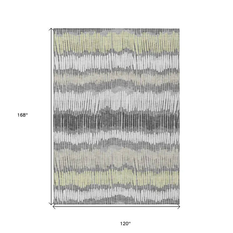10' X 14' Gray Light Green And Ivory Striped Washable Indoor Outdoor Area Rug
