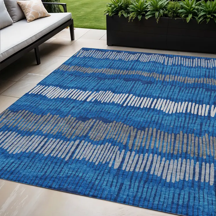 5' X 8' Navy Blue Gray And Ivory Striped Washable Indoor Outdoor Area Rug