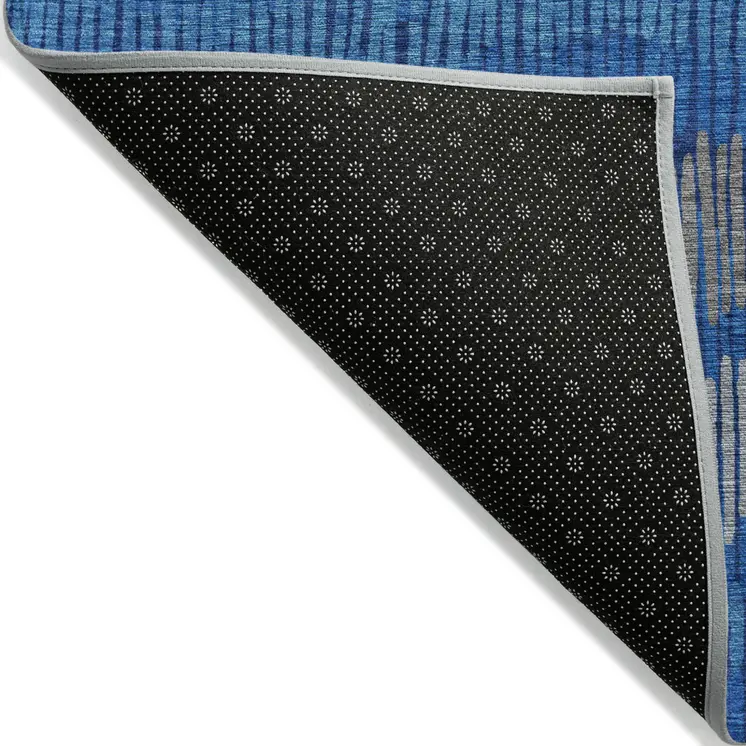 5' X 8' Navy Blue Gray And Ivory Striped Washable Indoor Outdoor Area Rug