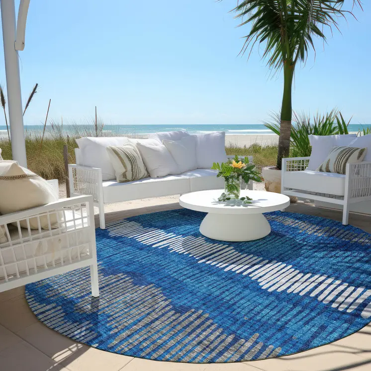 8' Navy Blue Gray And Ivory Round Striped Washable Indoor Outdoor Area Rug