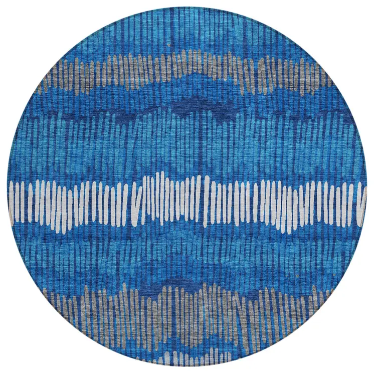 8' Navy Blue Gray And Ivory Round Striped Washable Indoor Outdoor Area Rug