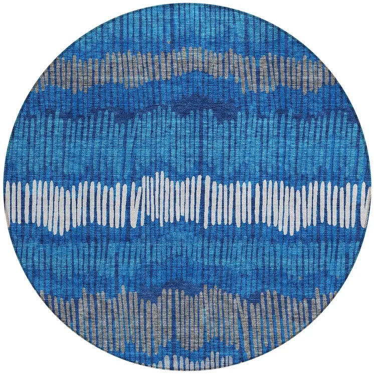 8' Navy Blue Gray And Ivory Round Striped Washable Indoor Outdoor Area Rug