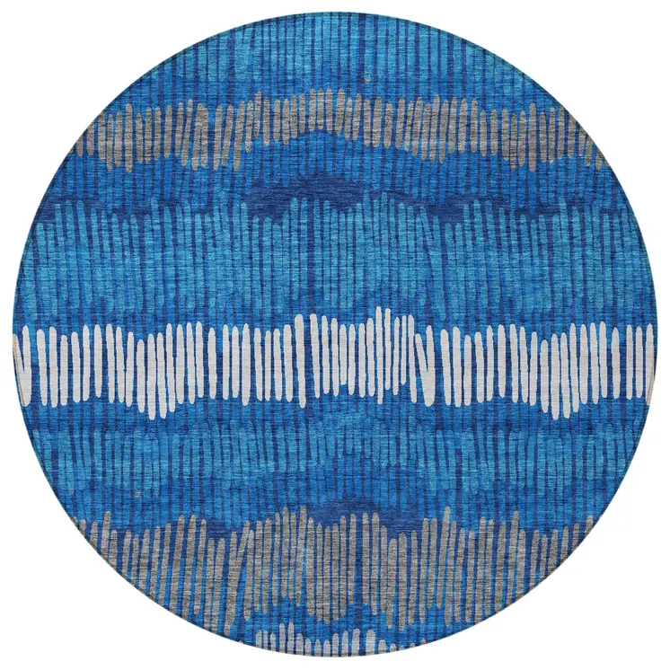 8' Navy Blue Gray And Ivory Round Striped Washable Indoor Outdoor Area Rug