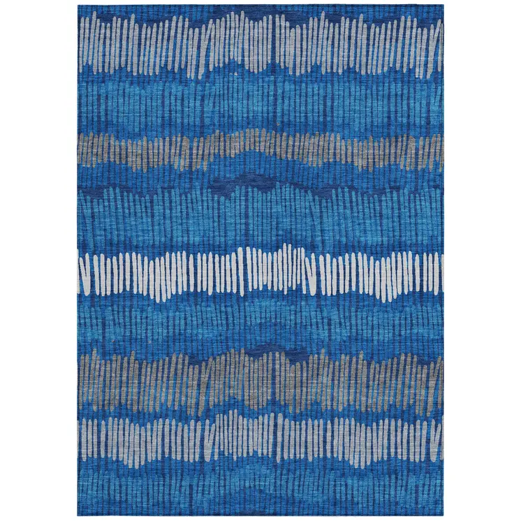 8' X 10' Navy Blue Gray And Ivory Striped Washable Indoor Outdoor Area Rug