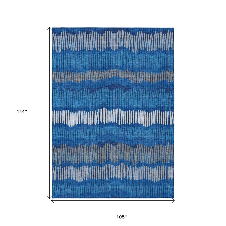 9' X 12' Navy Blue Gray And Ivory Striped Washable Indoor Outdoor Area Rug