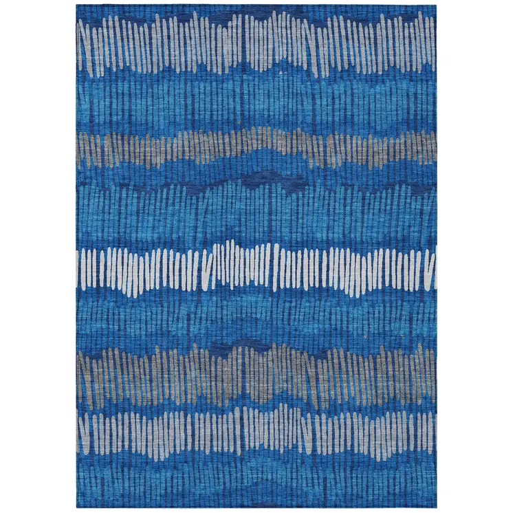 9' X 12' Navy Blue Gray And Ivory Striped Washable Indoor Outdoor Area Rug