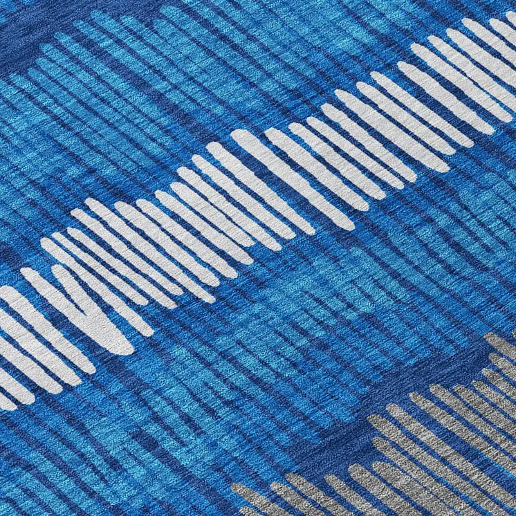 9' X 12' Navy Blue Gray And Ivory Striped Washable Indoor Outdoor Area Rug