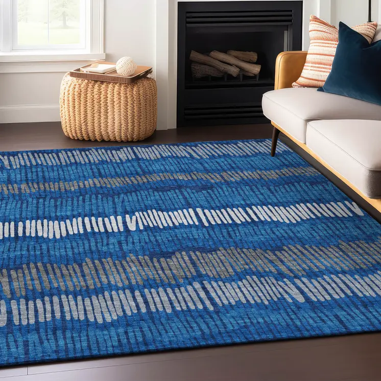 9' X 12' Navy Blue Gray And Ivory Striped Washable Indoor Outdoor Area Rug