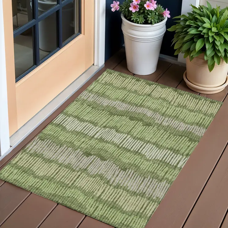3' X 5' Olive Green And Gray Striped Washable Indoor Outdoor Area Rug