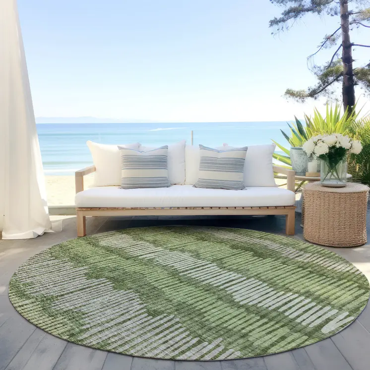 8' Olive Green And Gray Round Striped Washable Indoor Outdoor Area Rug