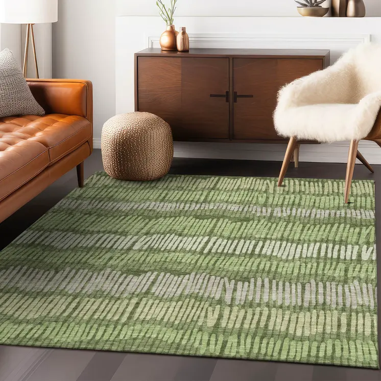 10' X 14' Olive Green And Gray Striped Washable Indoor Outdoor Area Rug