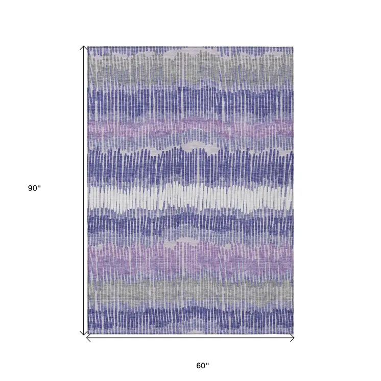 5' X 8' Purple And Gray Striped Washable Indoor Outdoor Area Rug
