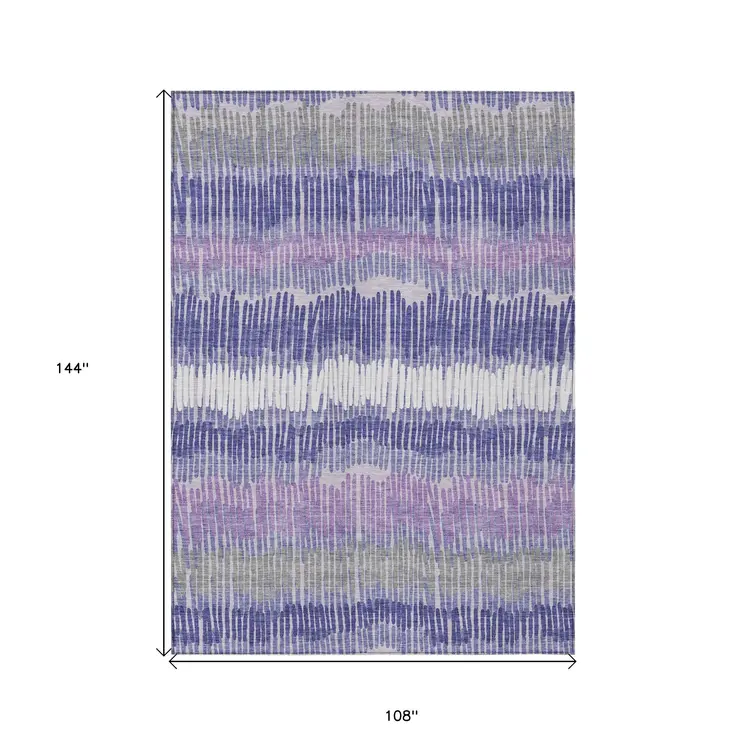 9' X 12' Purple And Gray Striped Washable Indoor Outdoor Area Rug