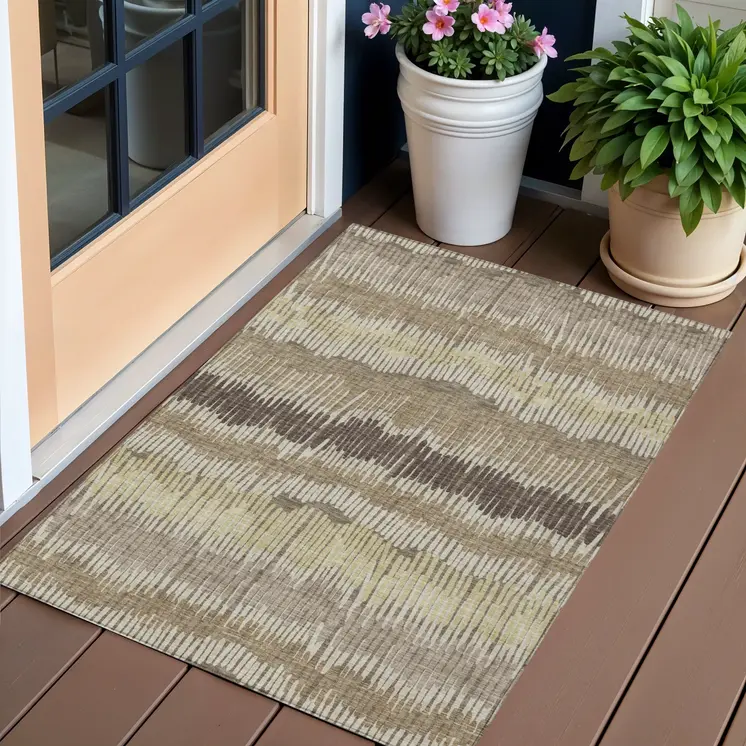 3' X 5' Taupe Brown And Beige Striped Washable Indoor Outdoor Area Rug