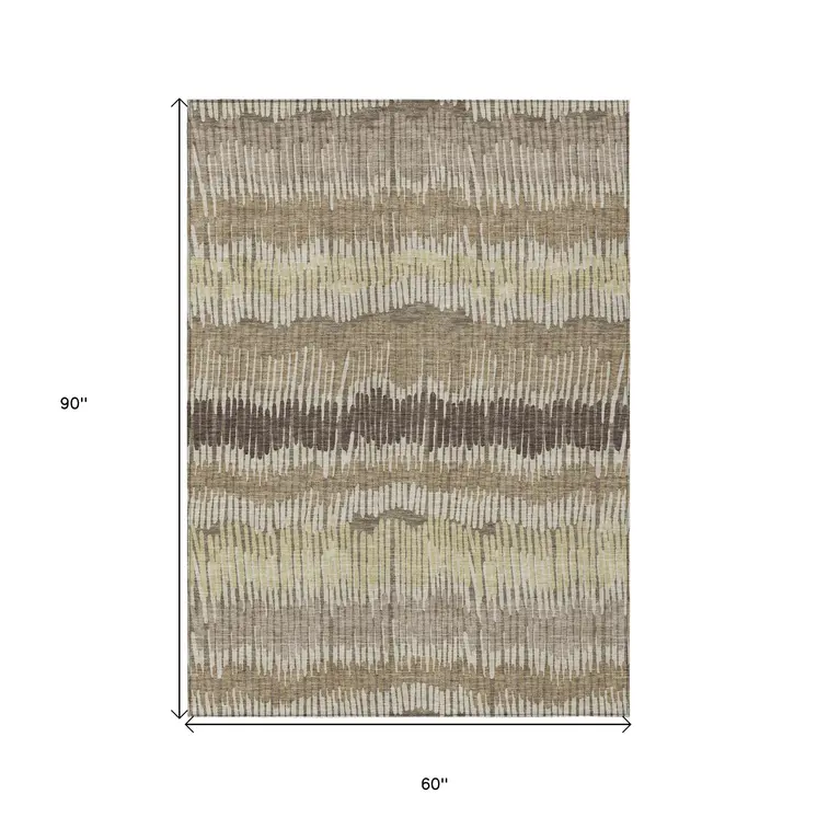 5' X 8' Taupe Brown And Beige Striped Washable Indoor Outdoor Area Rug