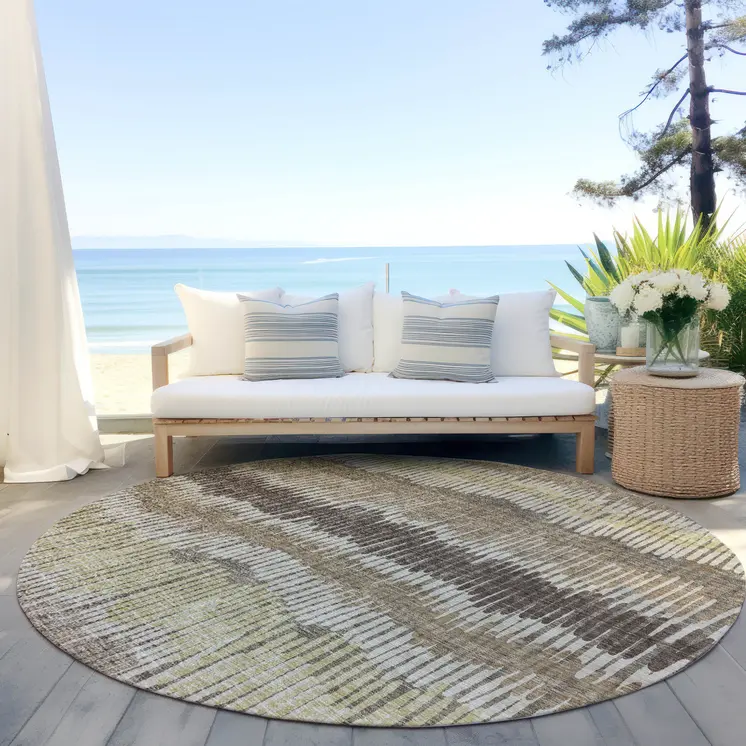 8' Taupe Brown And Beige Round Striped Washable Indoor Outdoor Area Rug