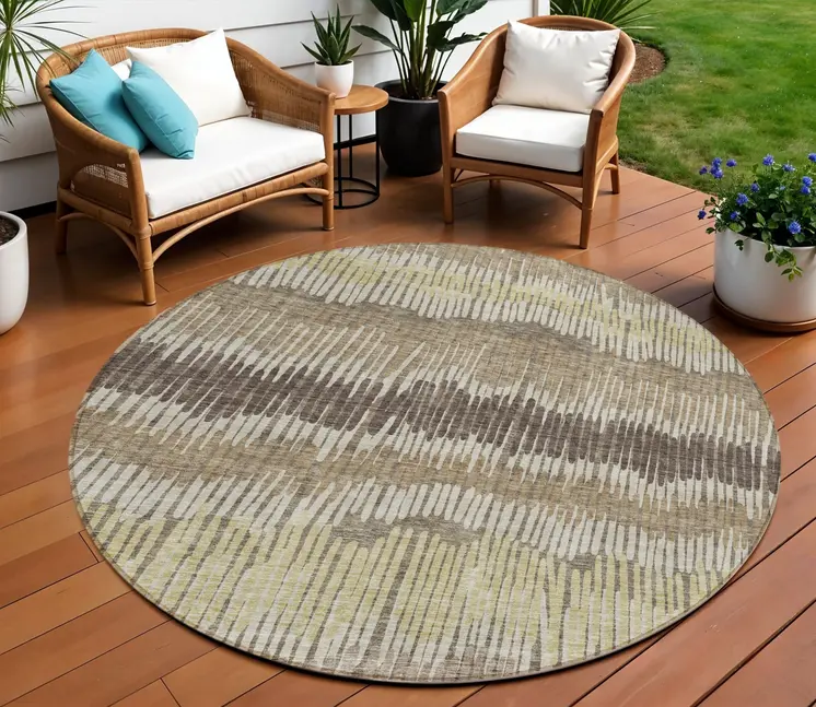 8' Taupe Brown And Beige Round Striped Washable Indoor Outdoor Area Rug