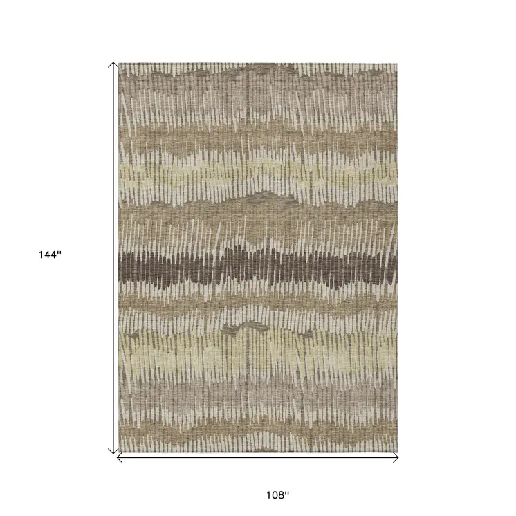 9' X 12' Taupe Brown And Beige Striped Washable Indoor Outdoor Area Rug