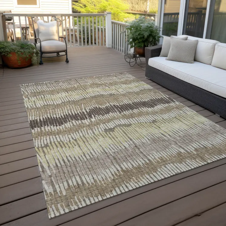 9' X 12' Taupe Brown And Beige Striped Washable Indoor Outdoor Area Rug