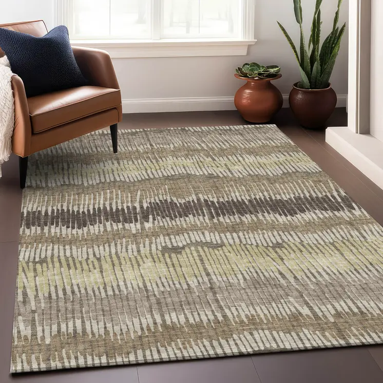 9' X 12' Taupe Brown And Beige Striped Washable Indoor Outdoor Area Rug