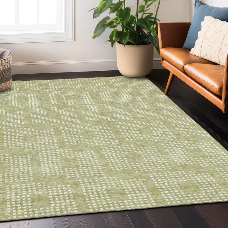 5' X 8' Artichoke Green And Ivory Geometric Washable Indoor Outdoor Area Rug