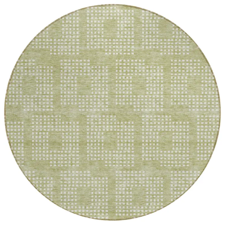 8' Artichoke Green And Ivory Round Geometric Washable Indoor Outdoor Area Rug
