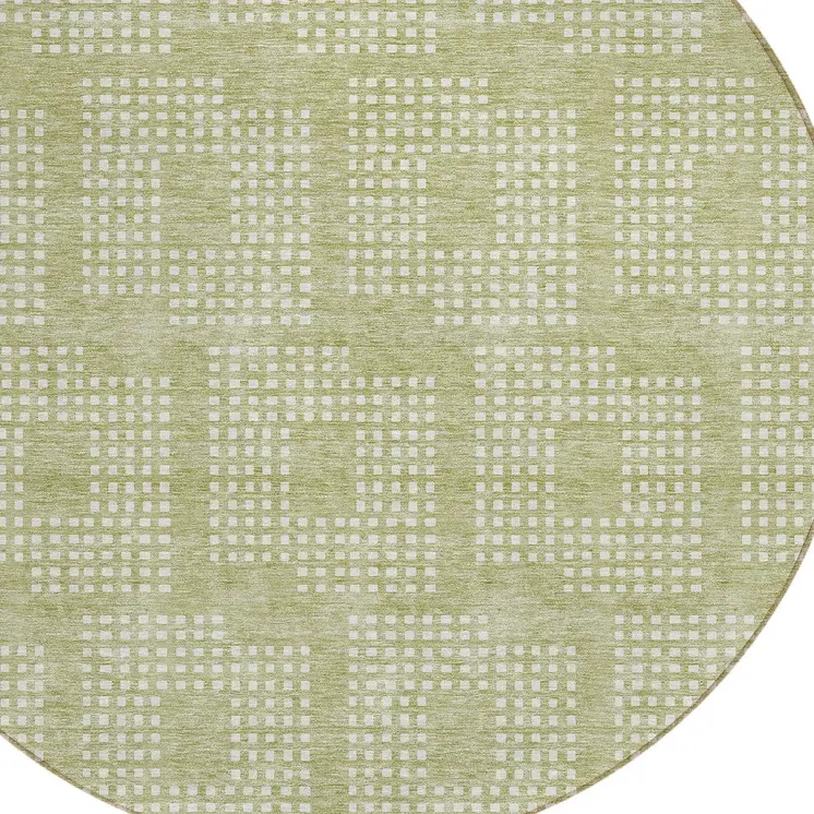 8' Artichoke Green And Ivory Round Geometric Washable Indoor Outdoor Area Rug
