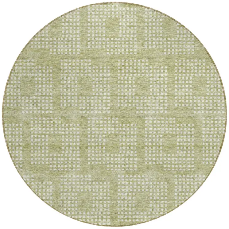 8' Artichoke Green And Ivory Round Geometric Washable Indoor Outdoor Area Rug