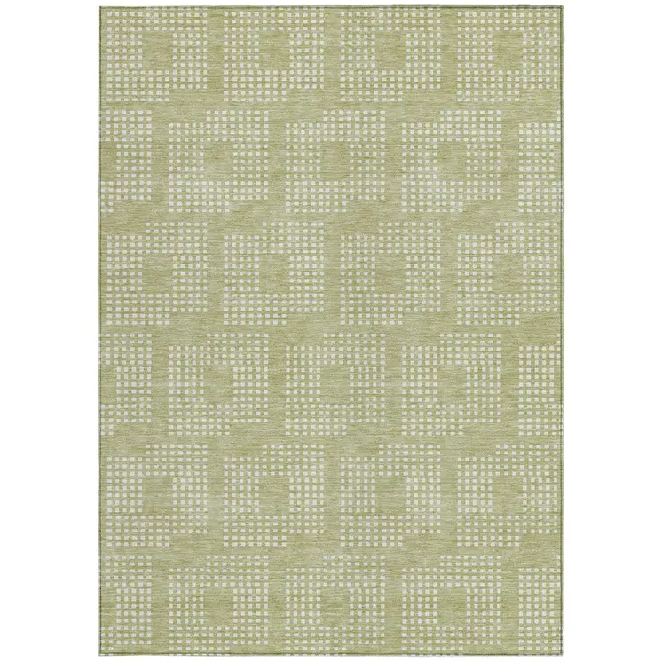 8' X 10' Artichoke Green And Ivory Geometric Washable Indoor Outdoor Area Rug