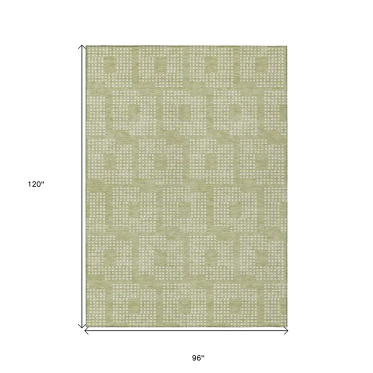 8' X 10' Artichoke Green And Ivory Geometric Washable Indoor Outdoor Area Rug