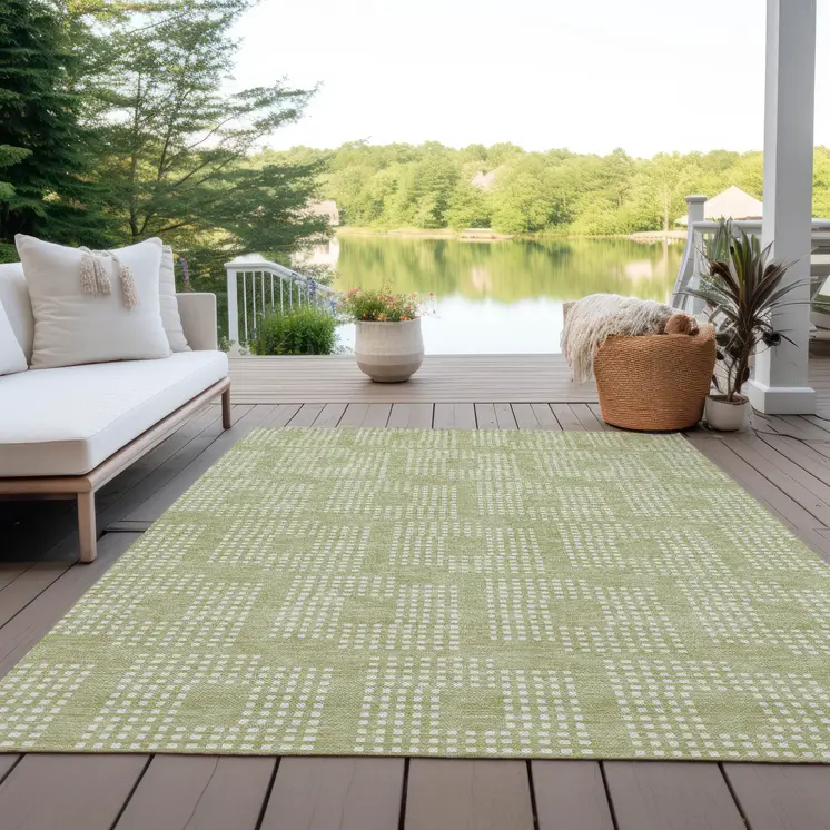 8' X 10' Artichoke Green And Ivory Geometric Washable Indoor Outdoor Area Rug