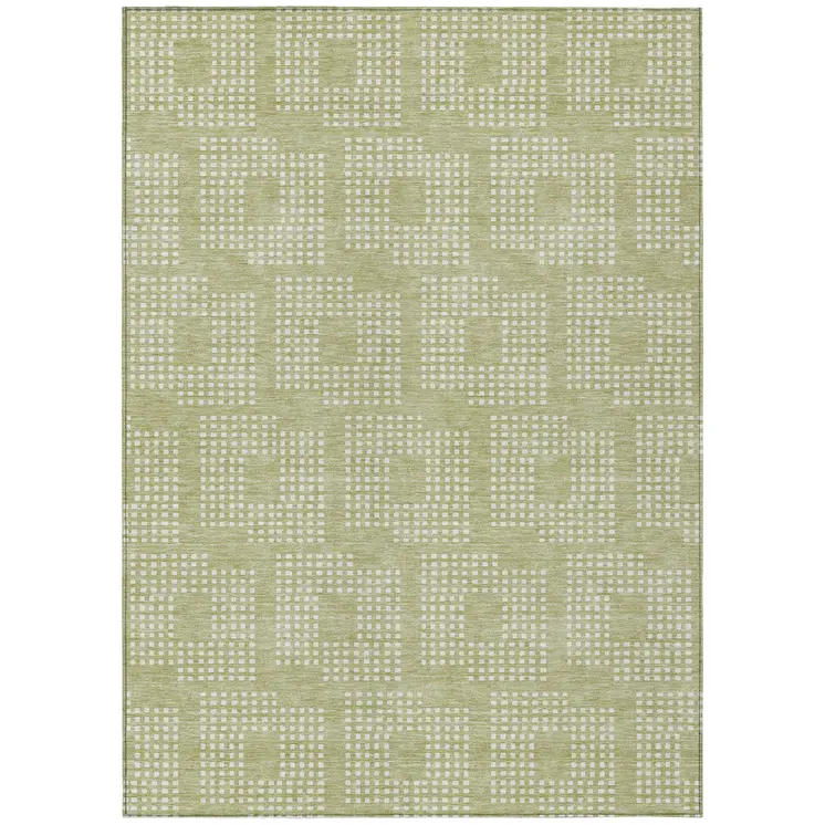 8' X 10' Artichoke Green And Ivory Geometric Washable Indoor Outdoor Area Rug