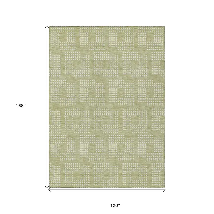 10' X 14' Artichoke Green And Ivory Geometric Washable Indoor Outdoor Area Rug