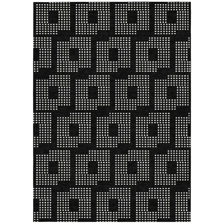 3' X 5' Black And Ivory Geometric Washable Indoor Outdoor Area Rug