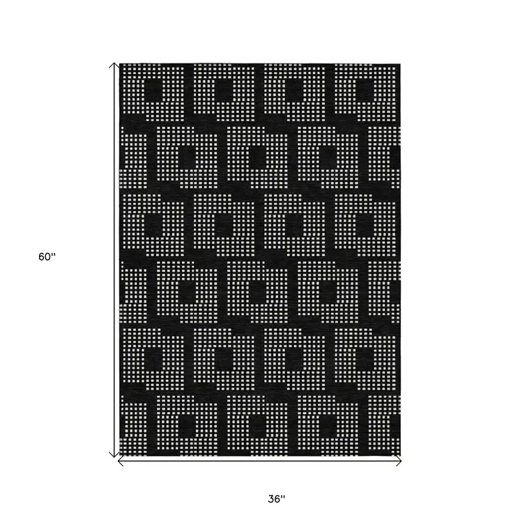 3' X 5' Black And Ivory Geometric Washable Indoor Outdoor Area Rug