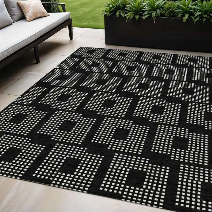 5' X 8' Black And Ivory Geometric Washable Indoor Outdoor Area Rug