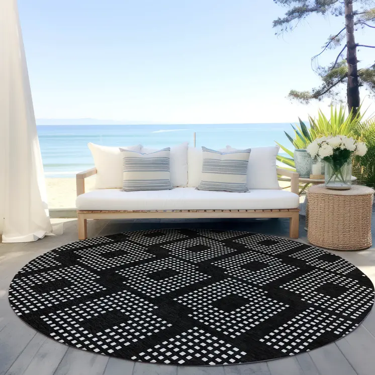 8' Black And Ivory Round Geometric Washable Indoor Outdoor Area Rug